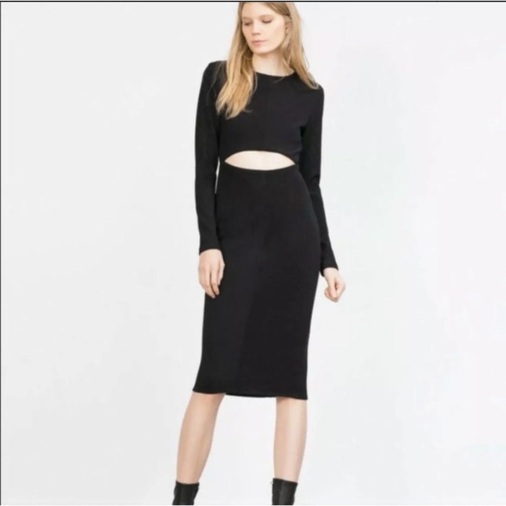 Zara Black ribbed cutout long sleeve  Midi dress S